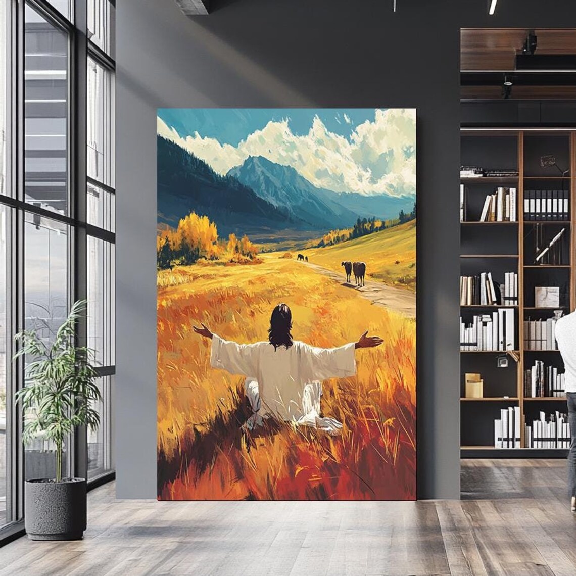 Jesus With Open Arms In Golden Wheat Field Mountain Landscape Poster