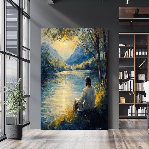 Jesus Christ Peaceful Lake Mountain Prayer Meditation Faith Art Poster