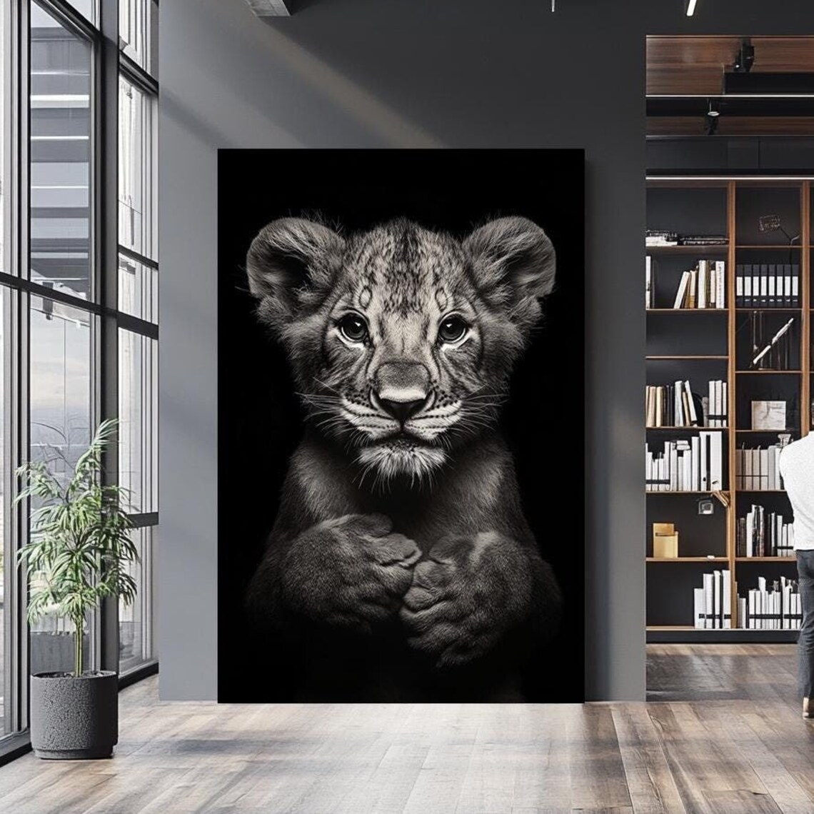 Black And White Lion Cub Portrait Cute Baby Lion Dark Background Poster