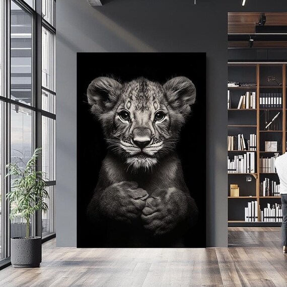 Black And White Lion Cub Portrait Cute Baby Lion Dark Background Poster
