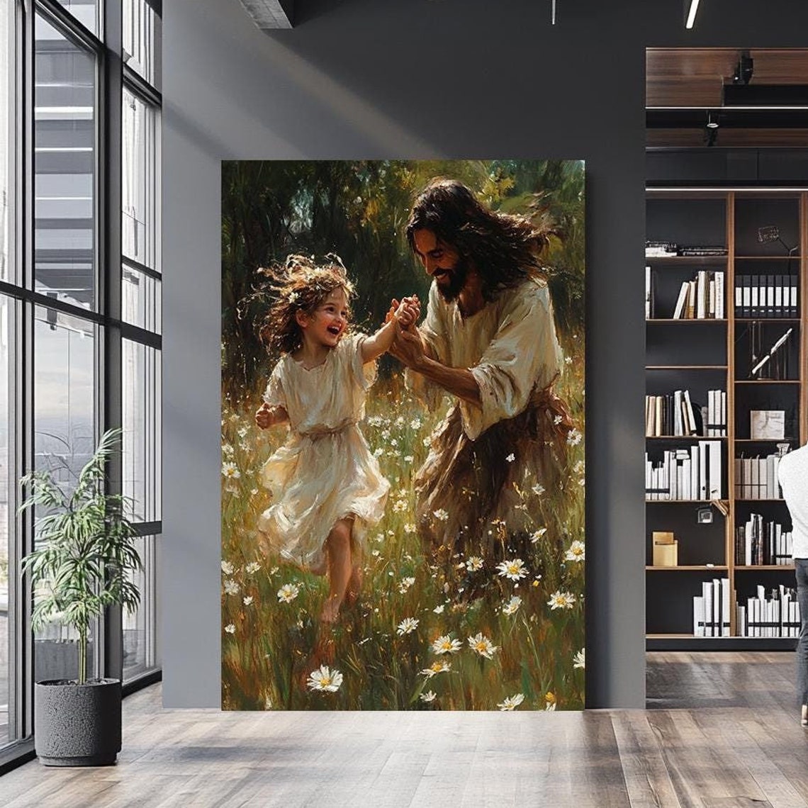 Jesus Dancing Joyfully With Little Girl In Daisy Field Poster