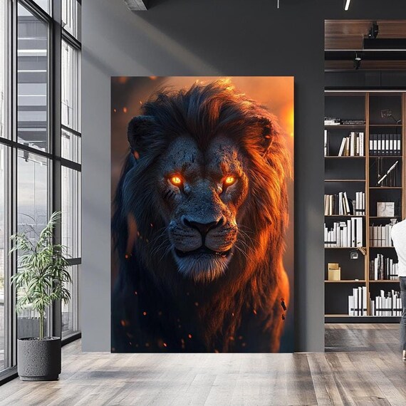 Fiery Lion Portrait Glowing Orange Eyes Dark Dramatic Mane Wall Art