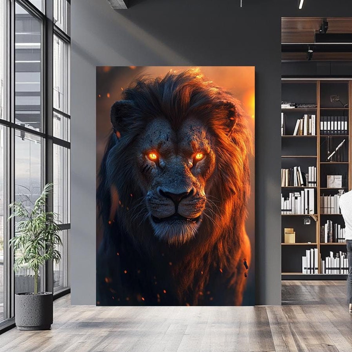 Fiery Lion Portrait Glowing Orange Eyes Dark Dramatic Mane Wall Art