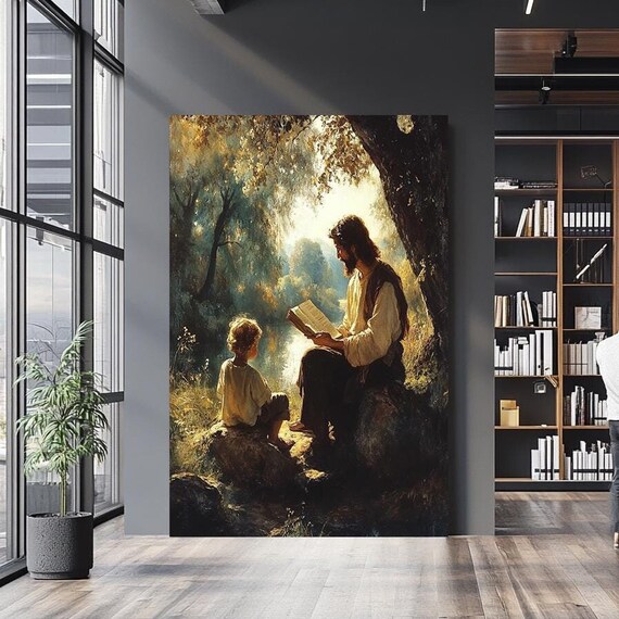 Jesus Teaching Child Reading Together In Peaceful Forest Setting Poster