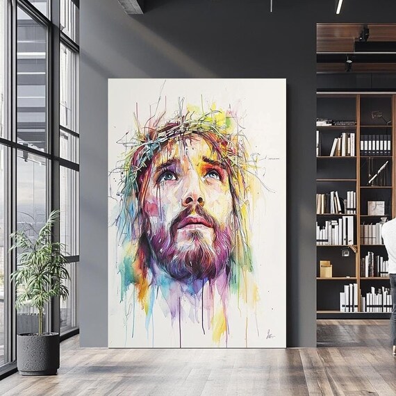 Jesus Wearing Crown Of Thorns Colorful Watercolor Looking Up Poster