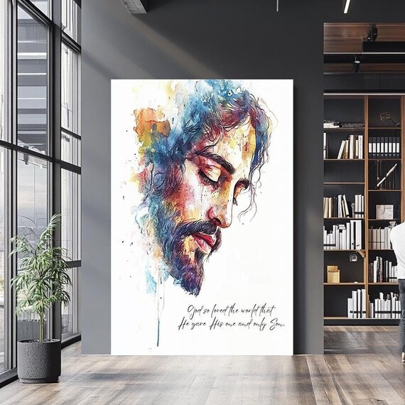Jesus Christ Watercolor Portrait With Bible Verse John Three Sixteen Poster