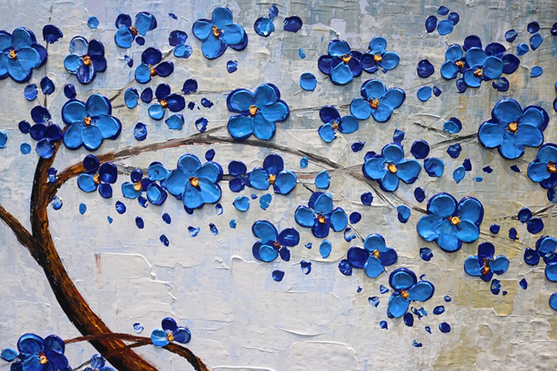Cobalt Blue Flowering Branch On Icy Grey Textured Oil Paint Poster - Image 2
