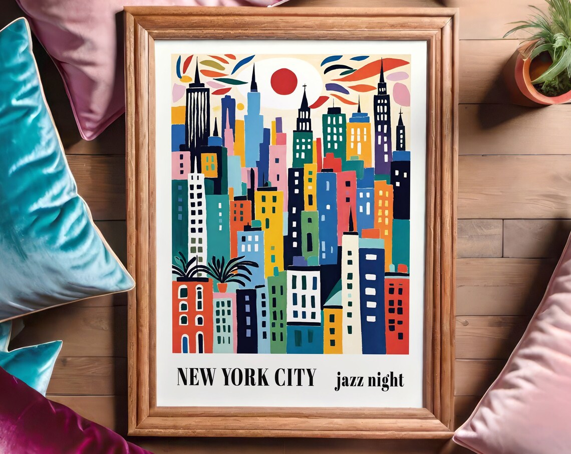 Colorful New York City Skyline Poster Vibrant Jazz Night Art Print Modern Nyc Art Print Jazz Lovers Gift Colorful Nyc Jazz Night Poster