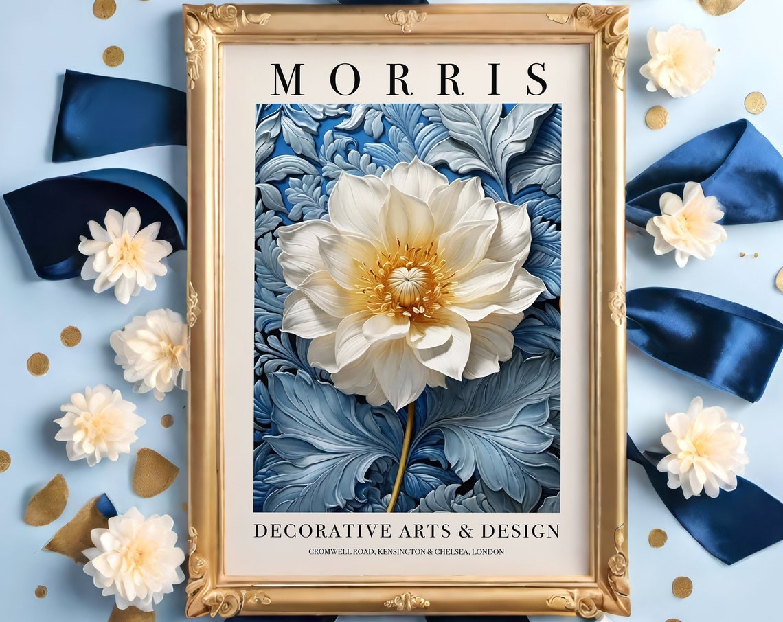 Morris Decorative Arts Design White Flower Blue Exhibition Poster
