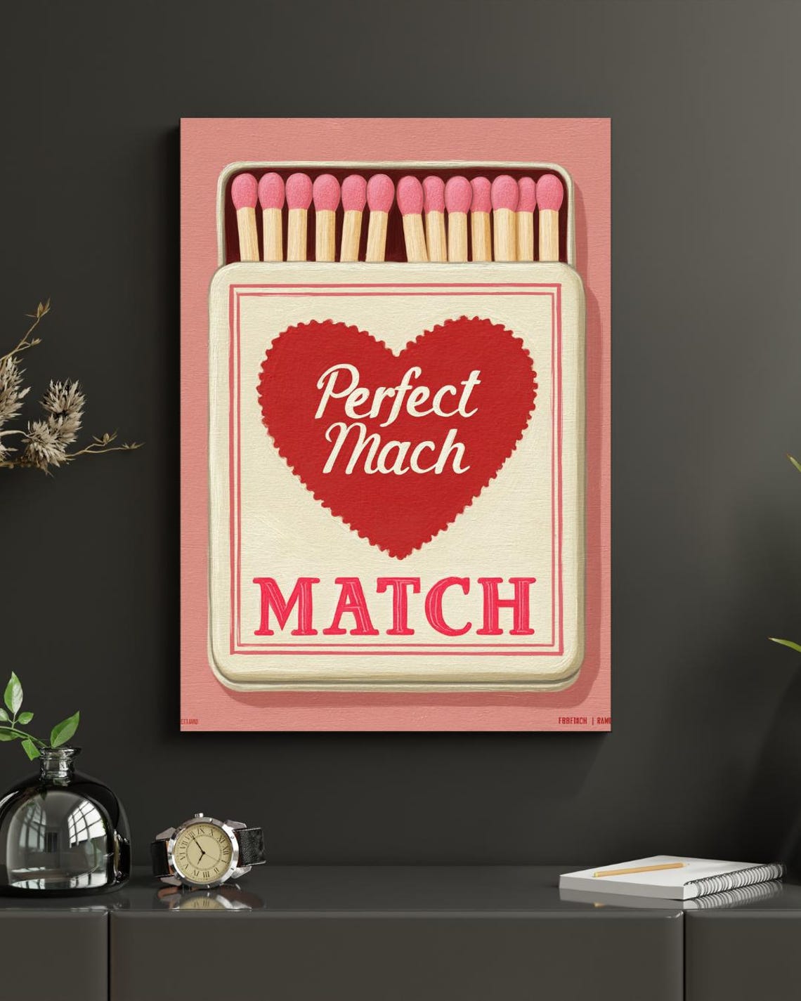 Vintage Pink Matchbox Heart Match Illustration Retro Style Poster
