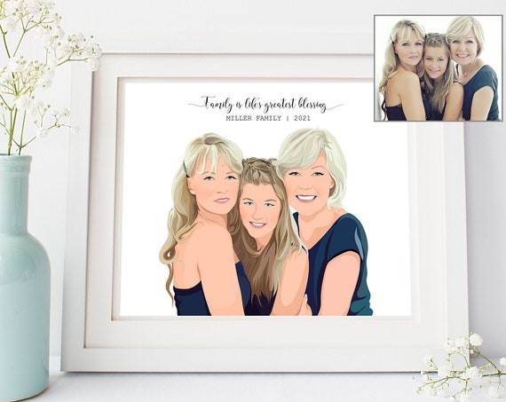 Three Generations Family Portrait Custom Cartoon Illustration Poster