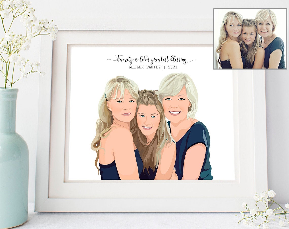Three Generations Family Portrait Custom Cartoon Illustration Poster