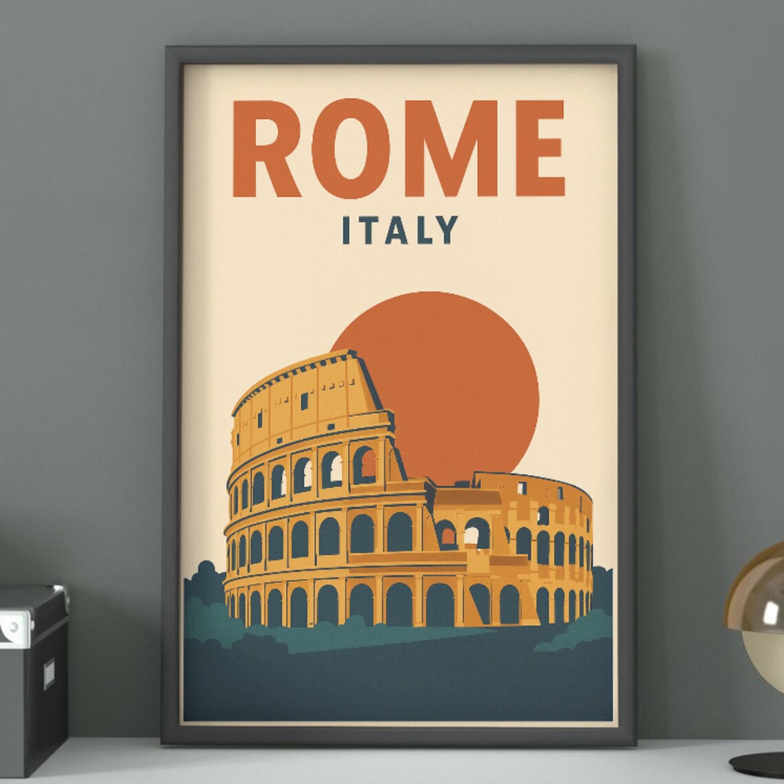 Rome Italy Colosseum Orange Sunset Vintage Travel Destination Poster