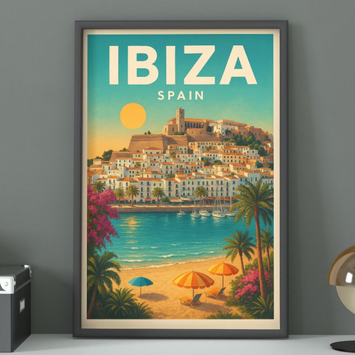 Ibiza Spain Beach Old Town Harbor Vintage Retro Island Travel Poster