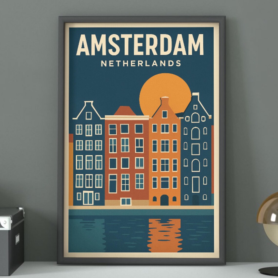 Amsterdam Canal Houses Night Moon Vintage Netherlands Travel Poster