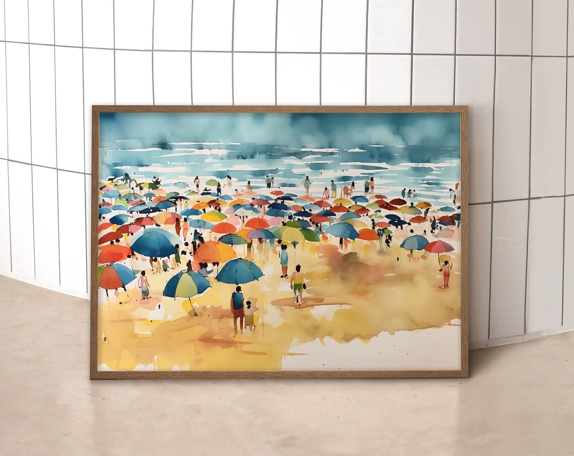 Beach Umbrellas Colorful Parasols Crowded Shore Watercolor Wall Art