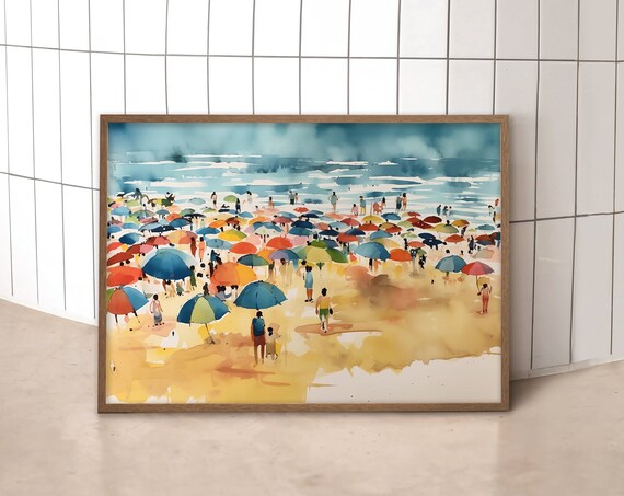 Beach Umbrellas Colorful Parasols Crowded Shore Watercolor Wall Art