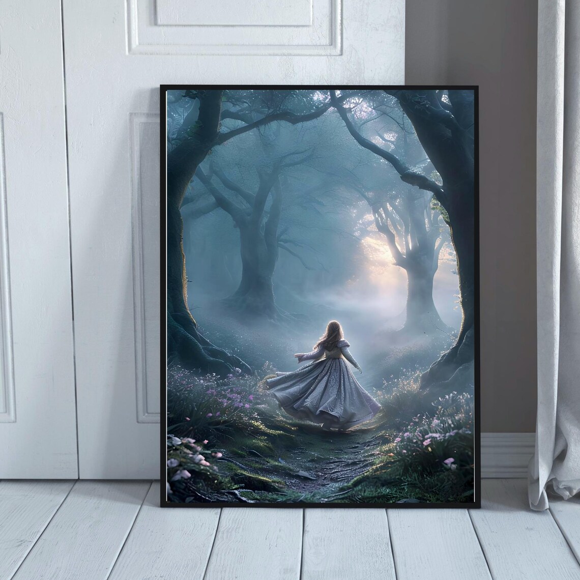 Woman In Gown Misty Forest Path Enchanted Moonlight Fantasy Poster