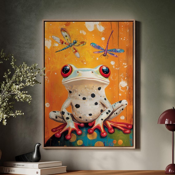 Colorful Frog And Dragonfly Painting Style Print Whimsical Wildlife Art With Bold Orange Background