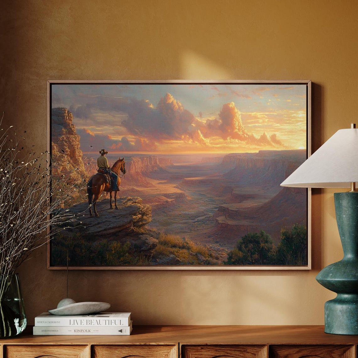 Lone Cowboy Overlooking Sunset Canyon Dramatic Western Horseback Landscape Wall Art Print Rugged Desert View Painting