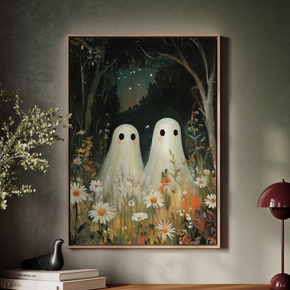 Playful Ghosts In Moonlit Wildflower Meadow Cute Spooky Halloween Poster