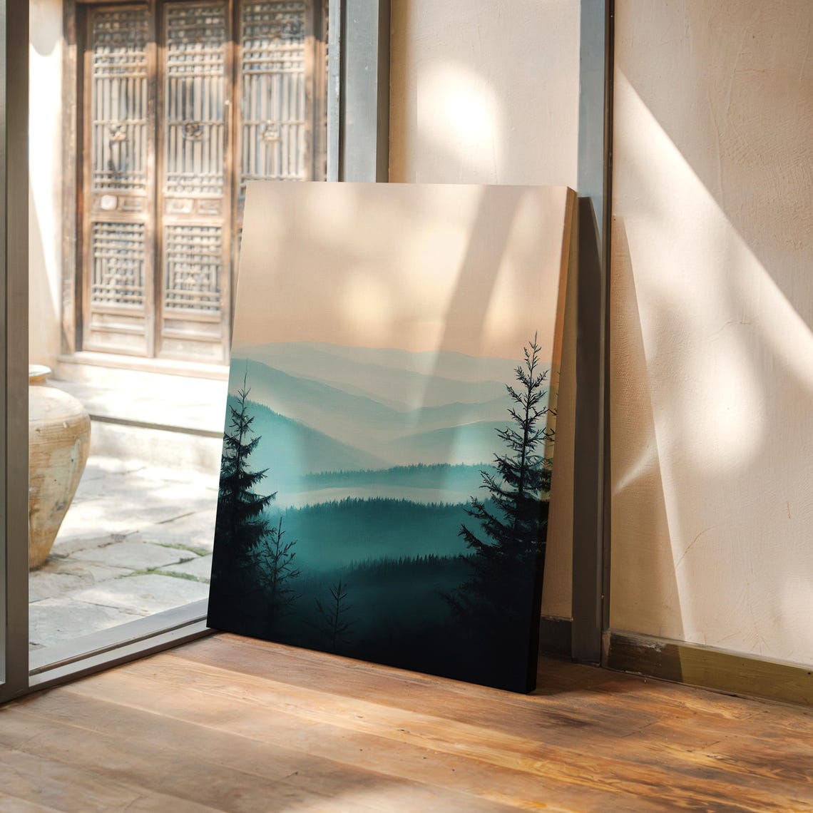 Tranquil Misty Mountain Print Serene Foggy Landscape Wall Art Soft Blue Tones Peaceful Nature Decor For Home Or Office