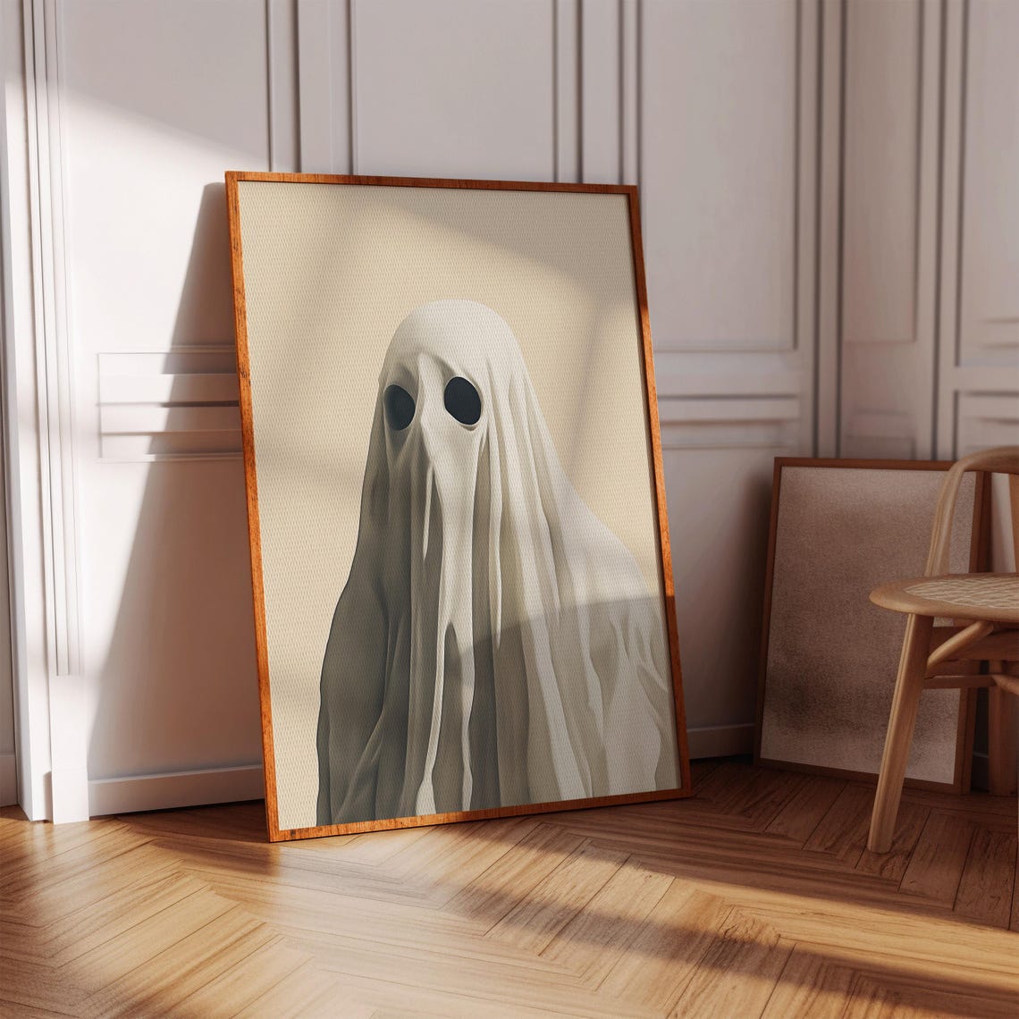 Cute Sheet Ghost Portrait Minimal Halloween Beige Art Poster - Image 2