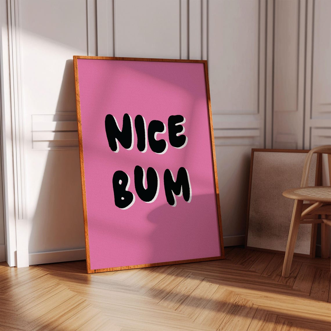 Nice Bum Black Bubble Letters Bright Pink Funny Bathroom Poster