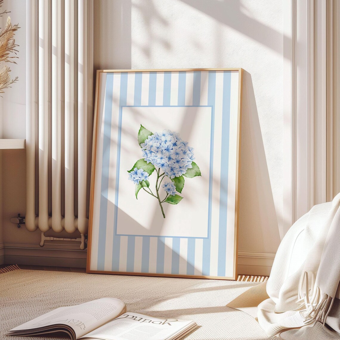 Blue Hydrangea Watercolor Blossom Green Leaves Blue White Stripe Poster