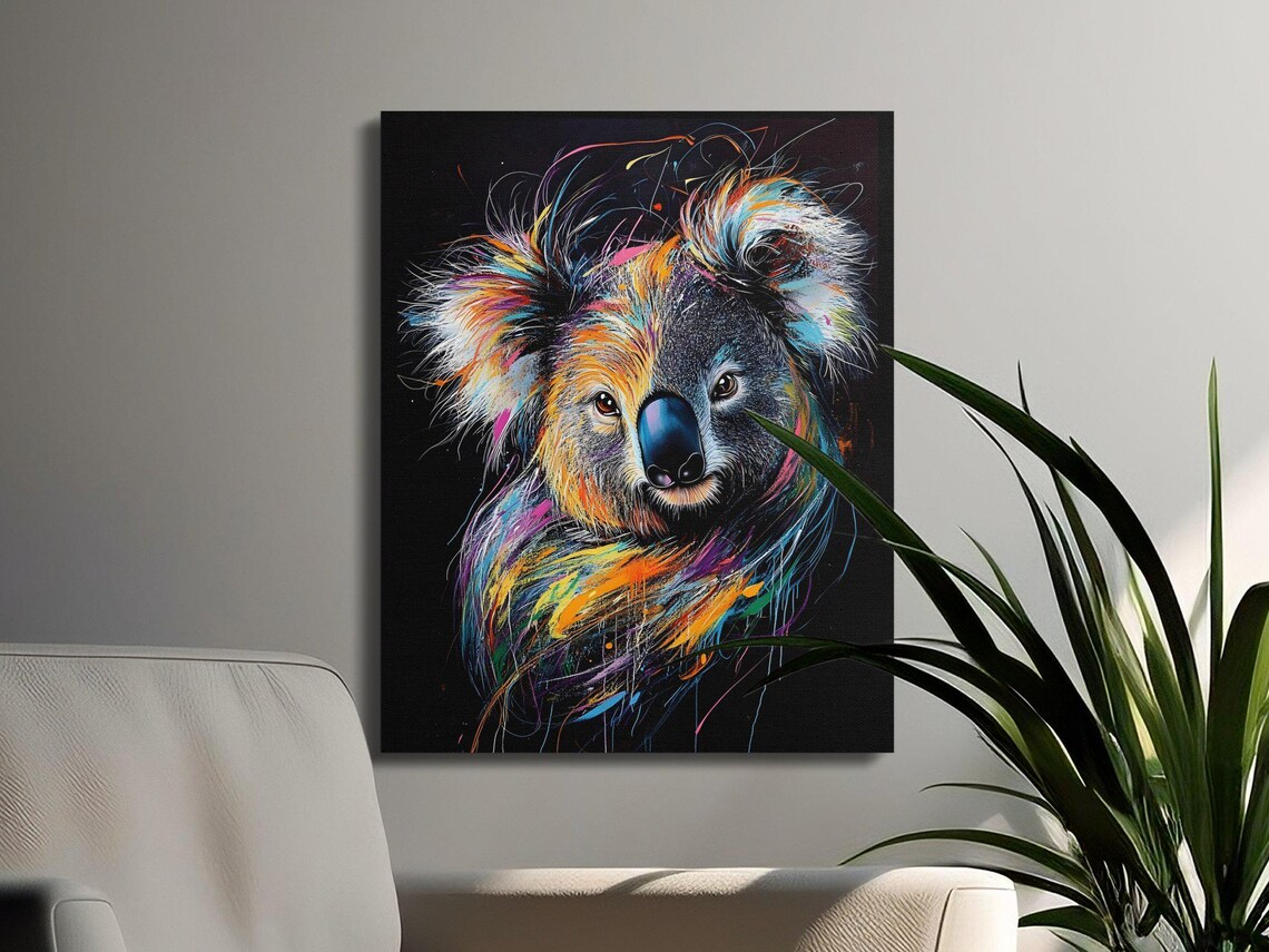 Colorful Koala Bear Portrait Rainbow Splash Black Canvas Poster - Image 3