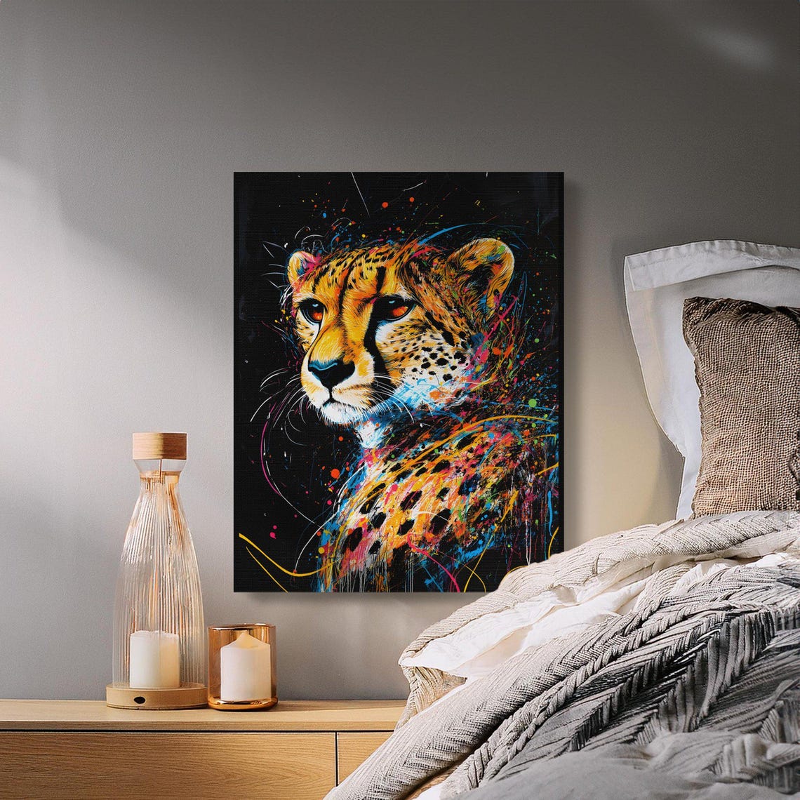 Vibrant Cheetah Front Portrait Rainbow Splash Black Canvas Poster - Image 2