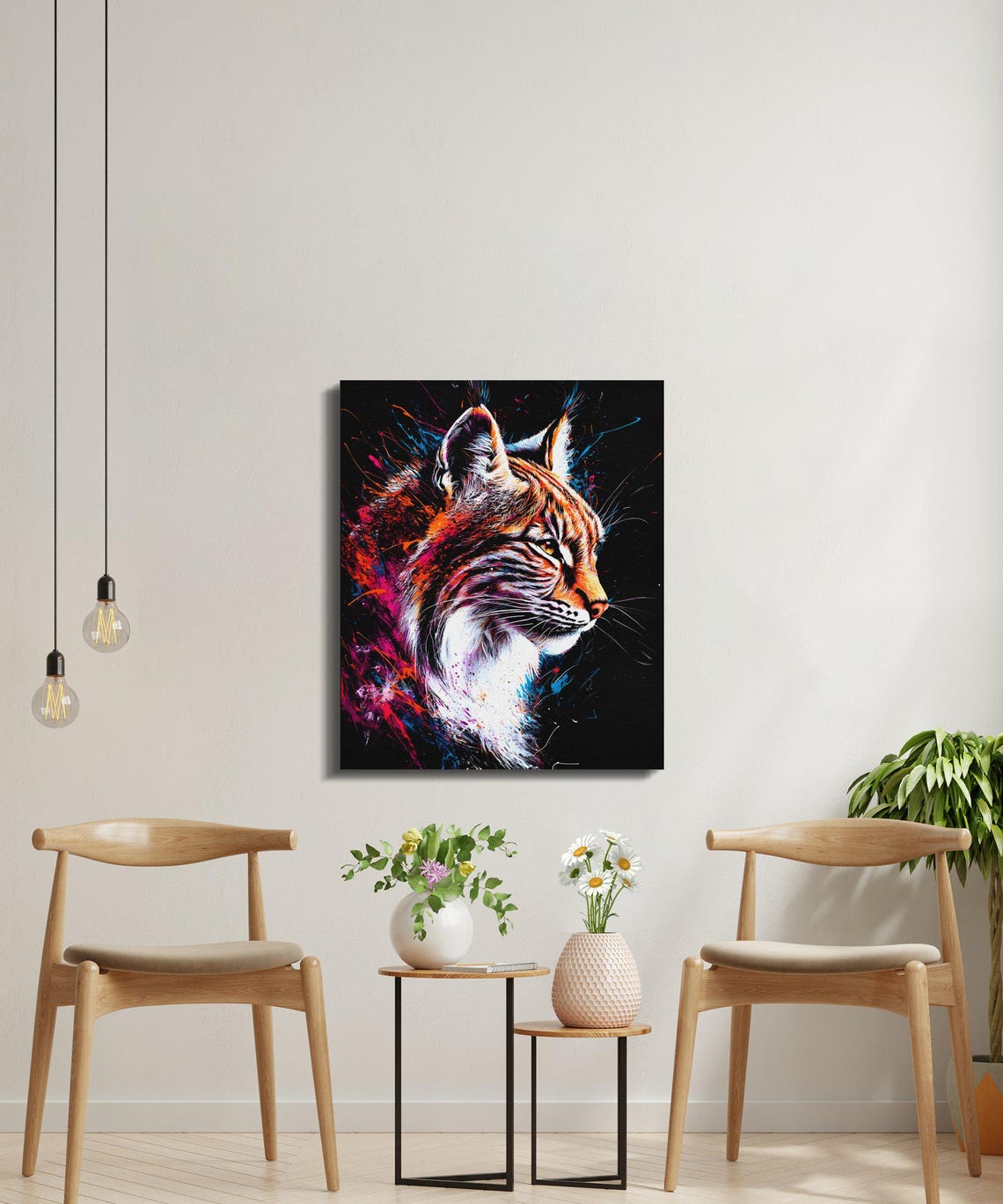 Wild Lynx Profile Magenta Splash Art Black Canvas Big Cat Wall Art - Image 4