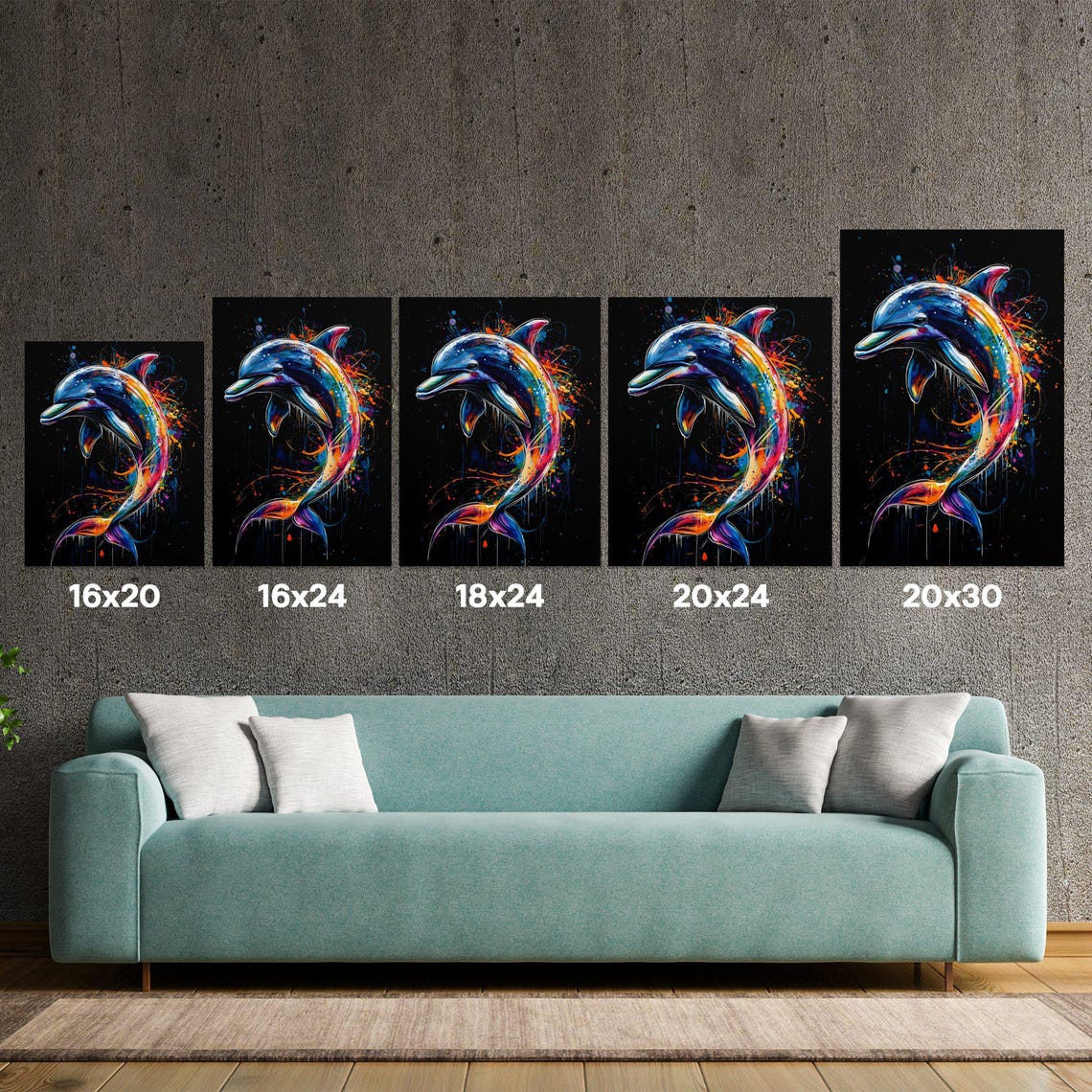 Leaping Dolphin Rainbow Splash Art Black Canvas Ocean Poster - Image 5