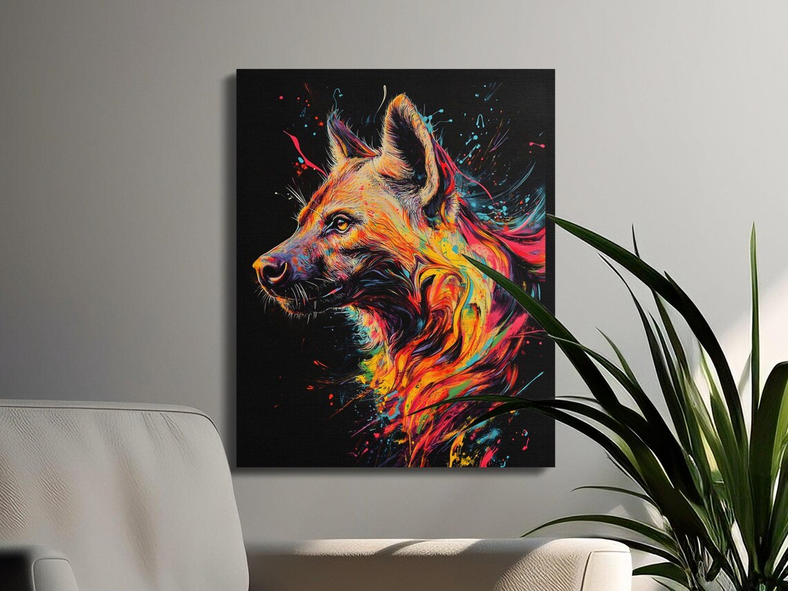 Vibrant Splash Hyena Portrait on Black Canvas Wildlife Poster - Image 3
