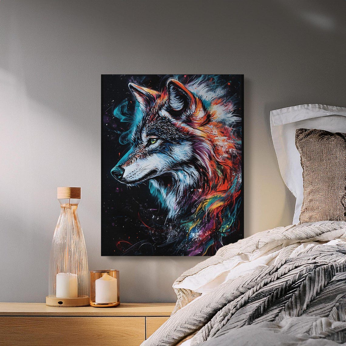 Fierce Wolf Profile Teal and Orange Splash Black Canvas Poster - Image 2