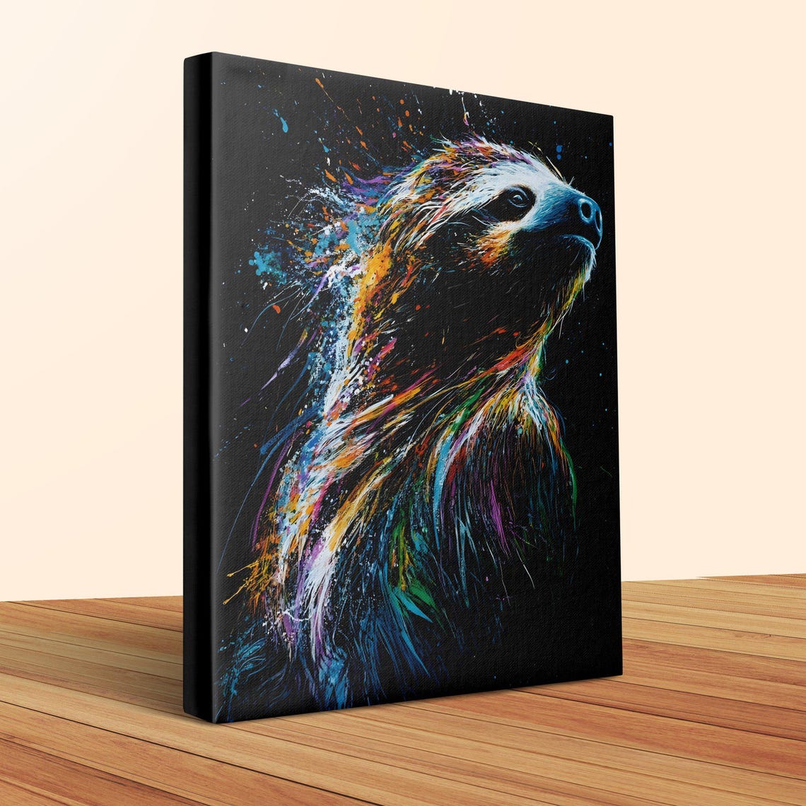 Sloth Profile Gazing Up Colorful Splash Black Canvas Wall Art