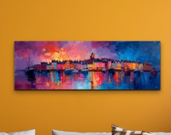 Colorful Painting Style Fishing Village Wall Art Print Panoramic Wall Decor Livingroom Ready To Hang Nature Decor Sunrise Sunset