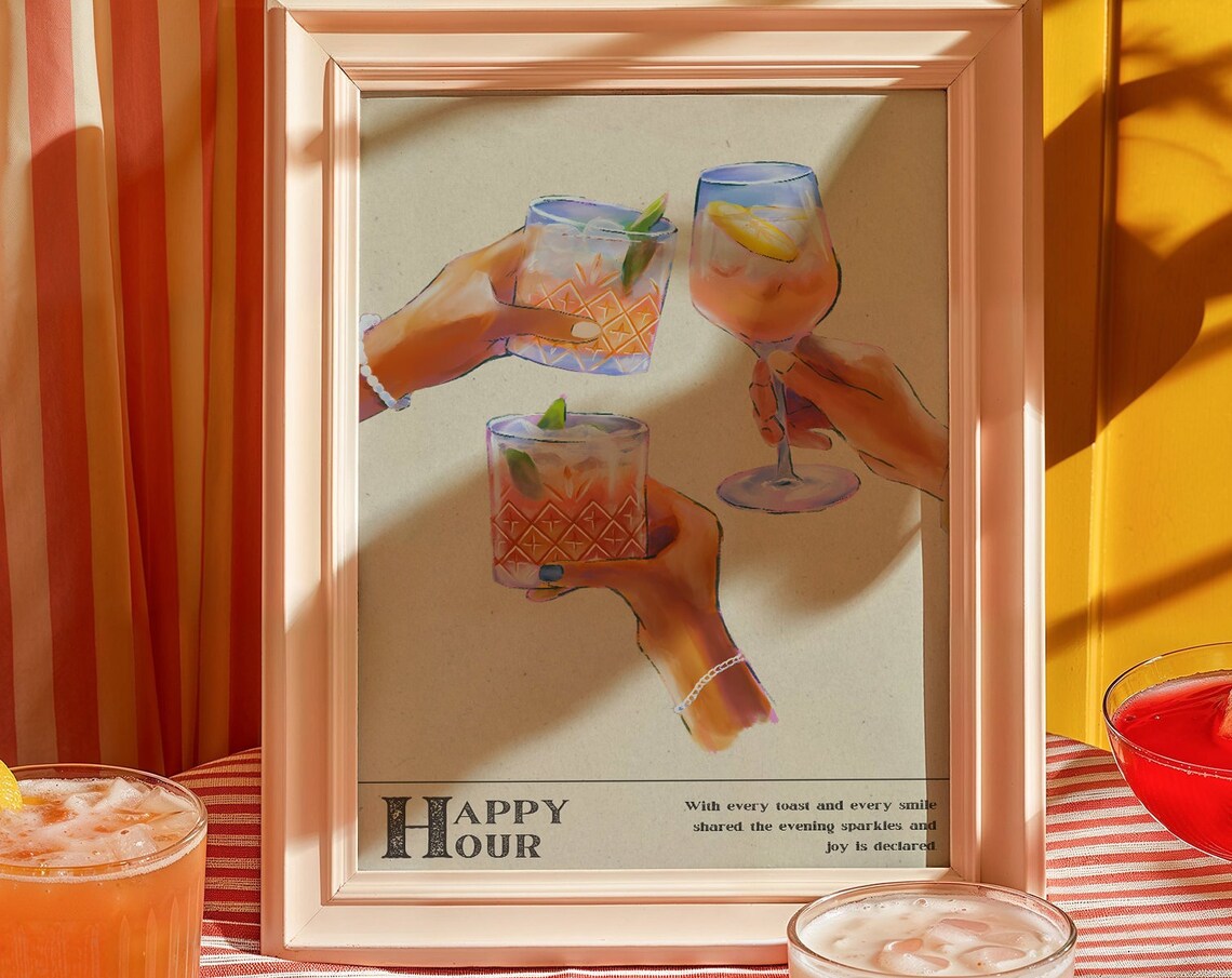 Happy Hour Cocktail Toast Illustration Cheers Bar Cart Poster - Image 3