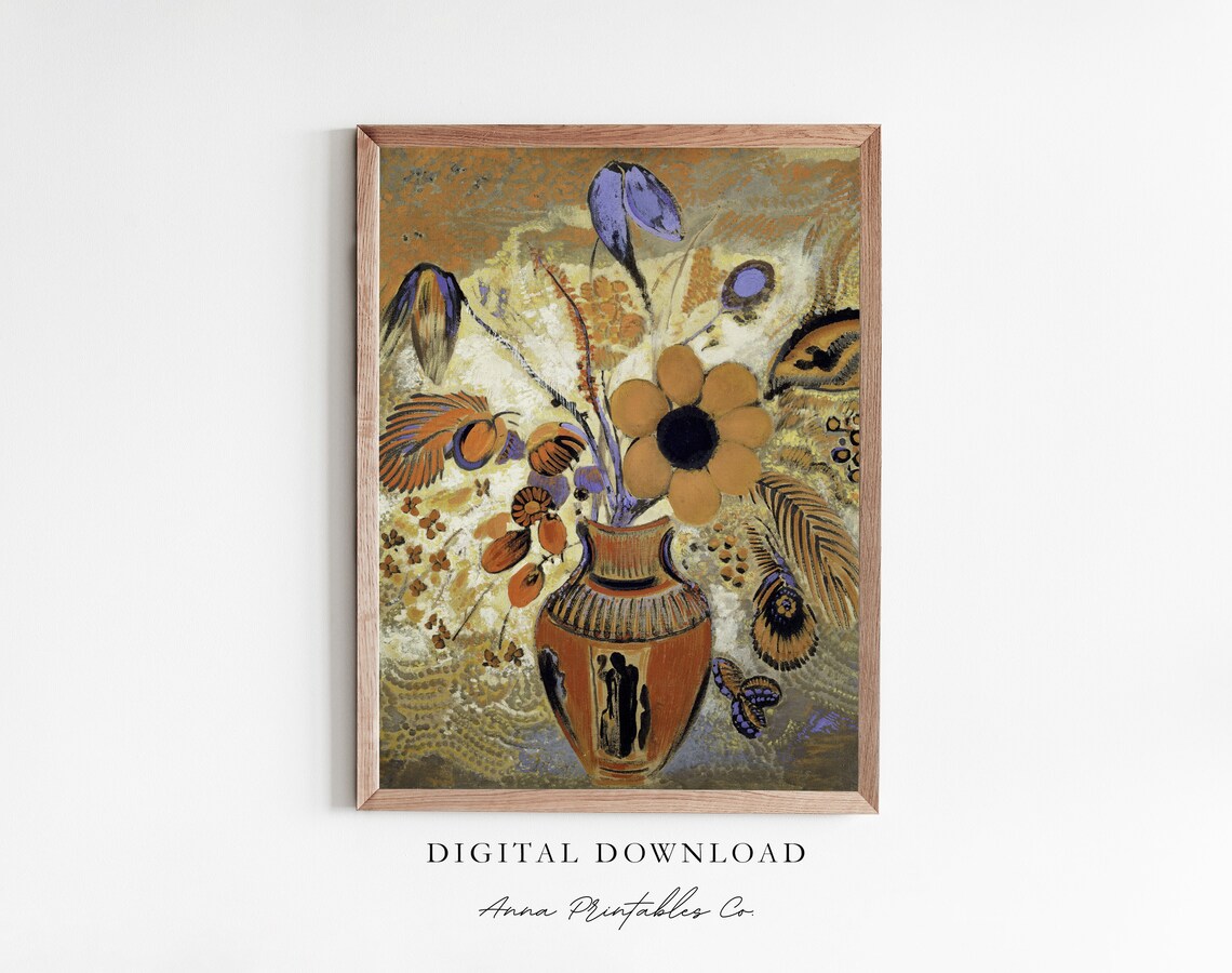 Golden Abstract Floral Still Life Antique Vase Vintage Art Poster