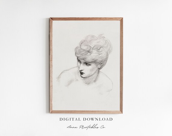 Elegant Woman Portrait Pencil Sketch Vintage Drawing Art Print