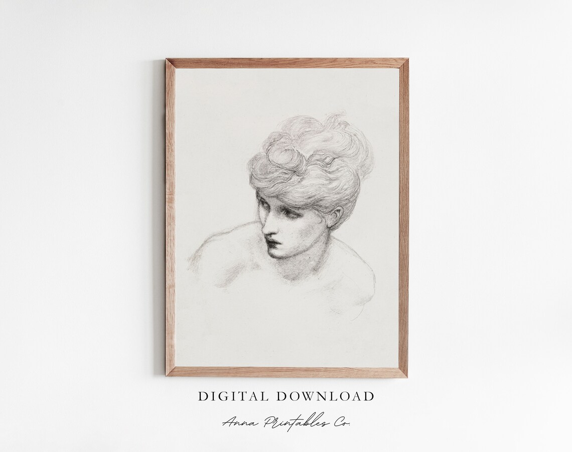 Elegant Woman Portrait Pencil Sketch Vintage Drawing Art Print