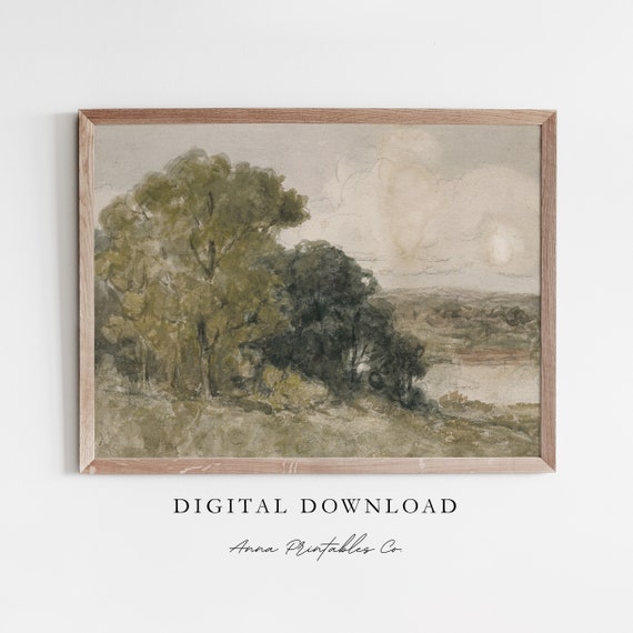 Vintage Muted Watercolor Landscape Neutral Tone Wall Art Forest Landscape Art Print Antique Watercolor