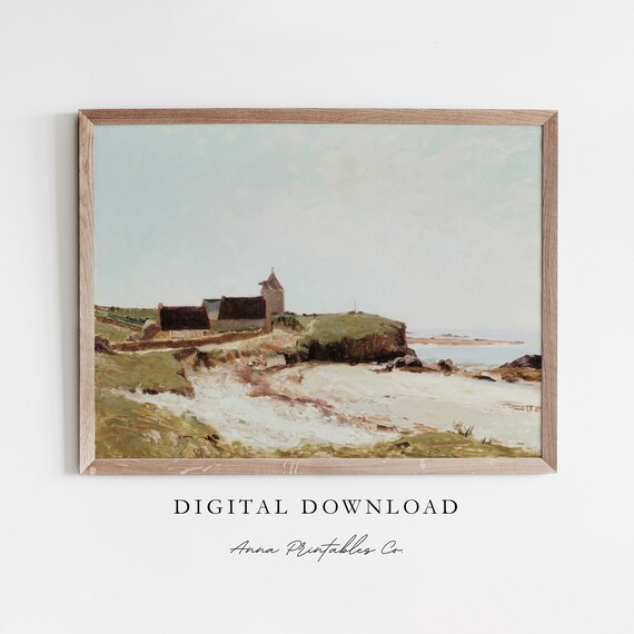 Coastal Chapel on Green Cliffs by the Sea Oil Painting Poster