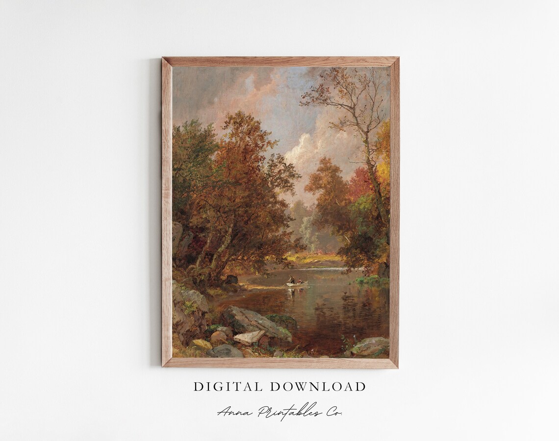 Vintage Autumn Landscape Painting, Farmhouse Art Print