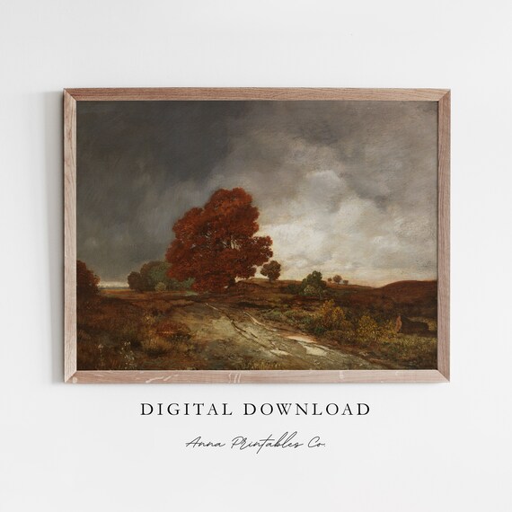 Autumn Landscape Vintage Stormy Sky Red Tree Antique Countryside Painting Poster