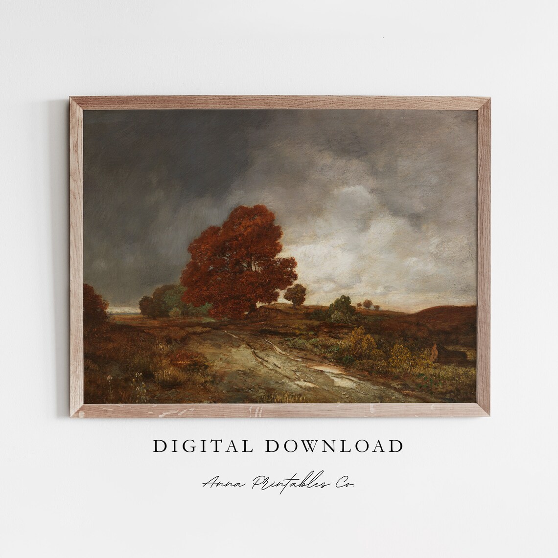 Autumn Landscape Vintage Stormy Sky Red Tree Antique Countryside Painting Poster