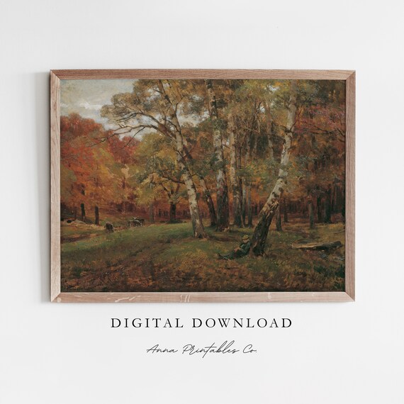 Autumn Birch Clearing Vintage Landscape Oil Painting Fall Art Poster
