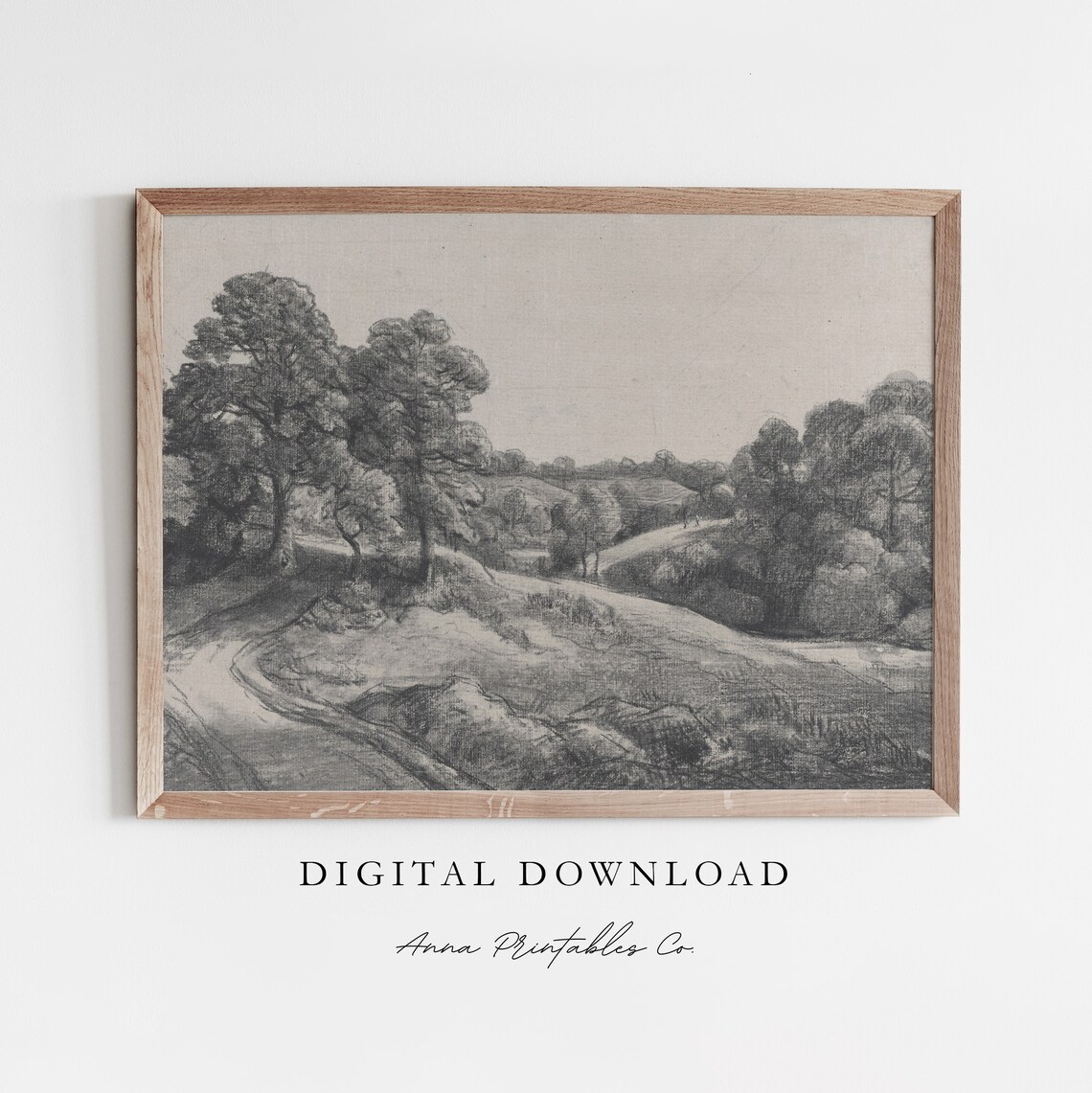 Charcoal Countryside Scene Drawing, Rustic Farmhouse Art Print