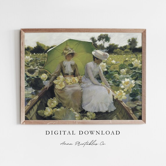 Picking Lilies Antique Painting, Victorian Wall Art Print