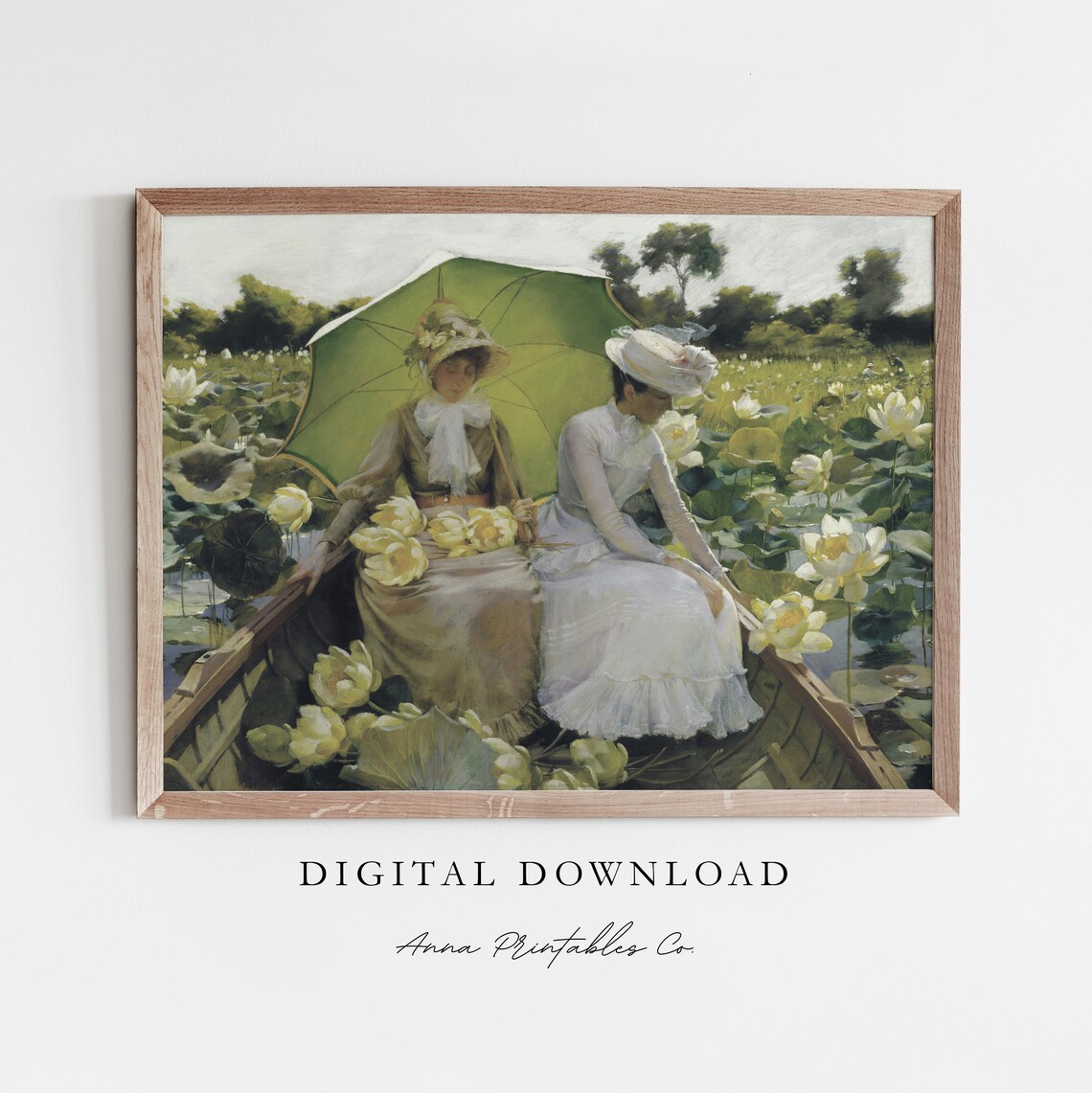 Picking Lilies Antique Painting, Victorian Wall Art Print
